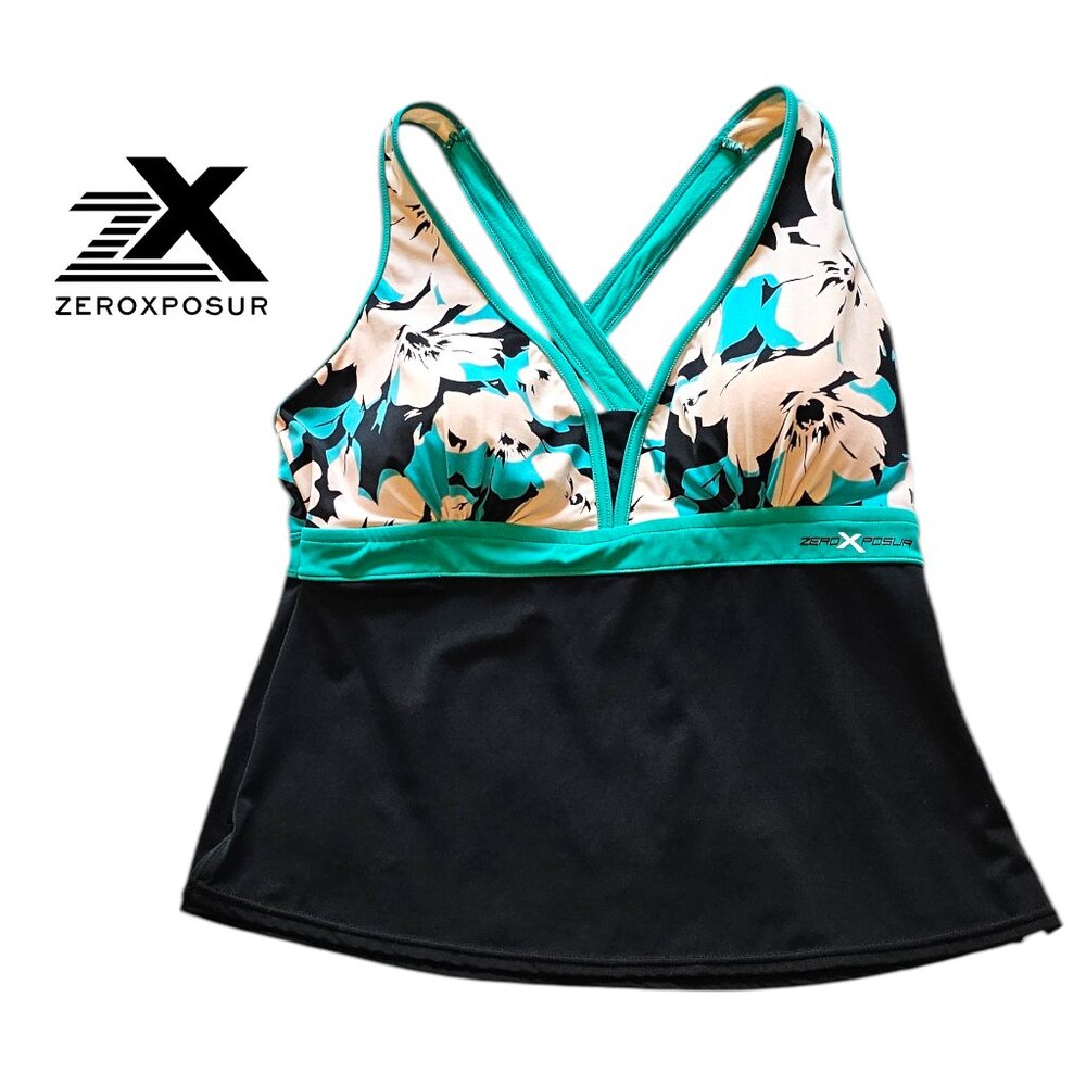 ZeroXPosur 16W Tankini Swimsuit Top Black Teal Floral